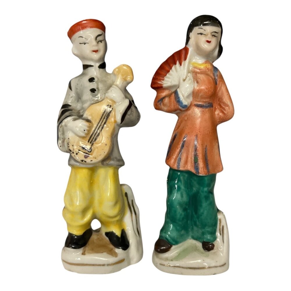 Vintage Made in Japan Asian Figurines – Musician & Fan Dancer Pair, Hand Painted